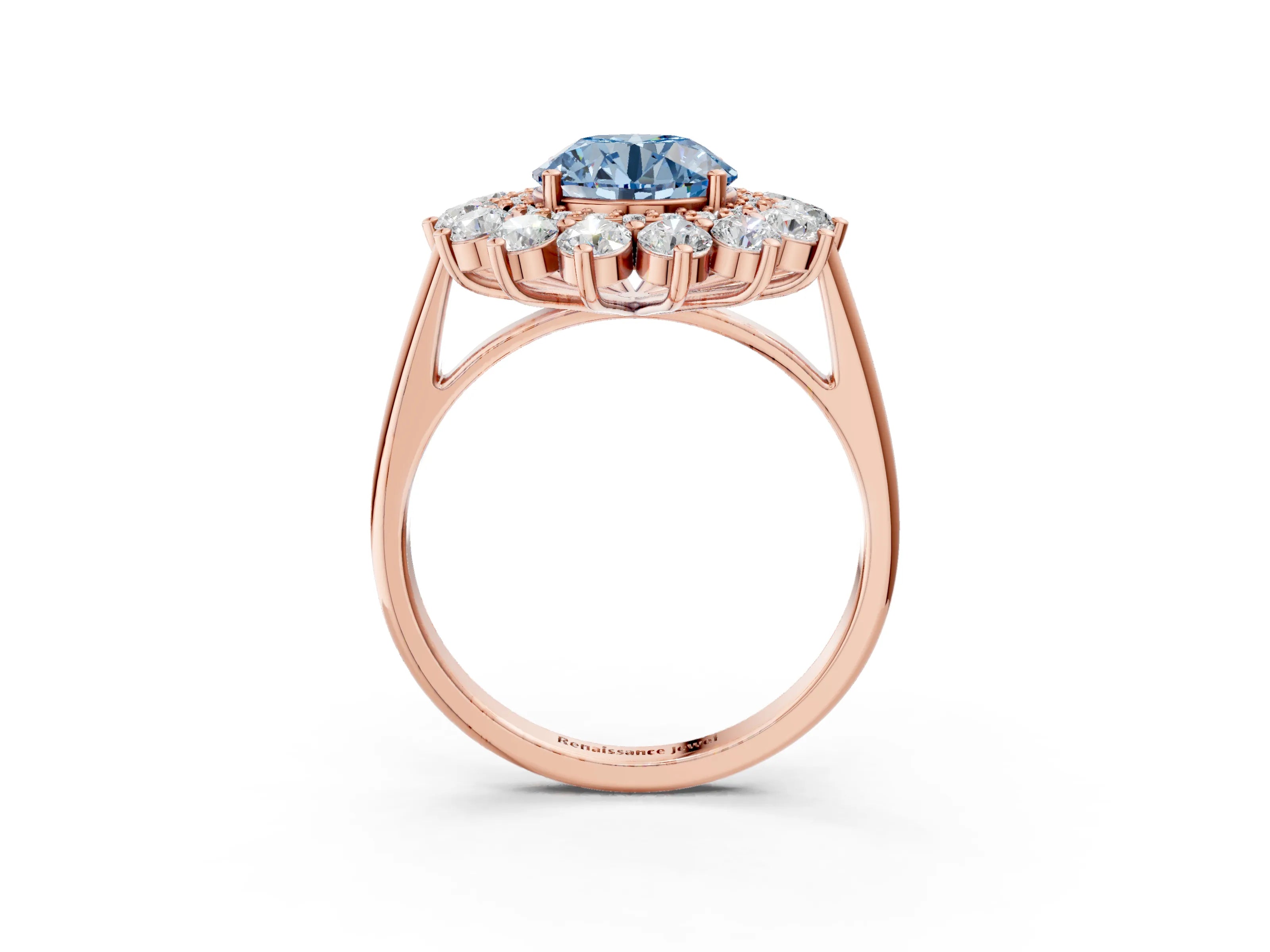 Rose gold Fancy Blue Round Cut Halo Cluster Diamond Ring with Pave Band and Four-Prong Setting_15
