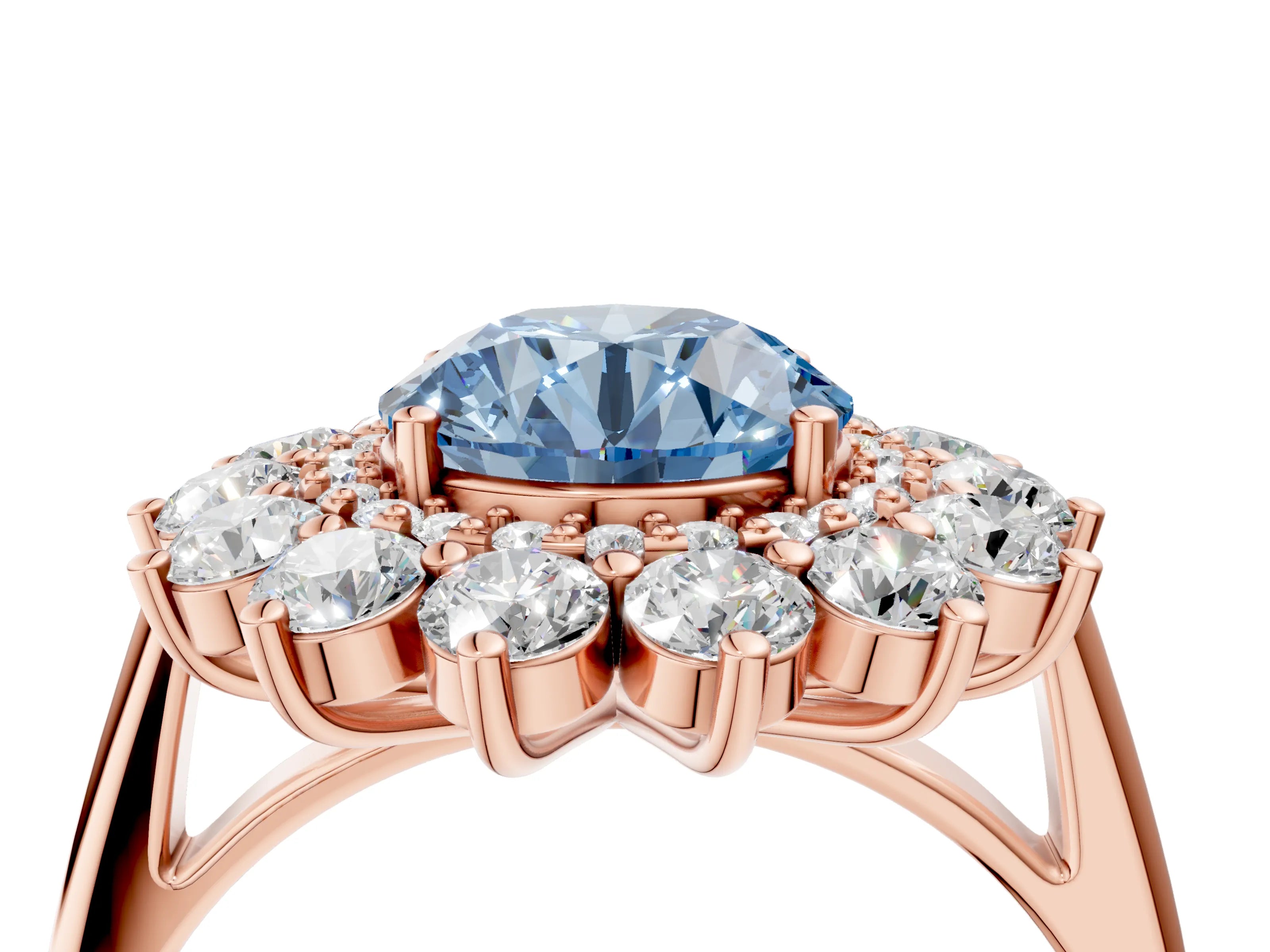 Rose gold Fancy Blue Round Cut Halo Cluster Diamond Ring with Pave Band and Four-Prong Setting_16