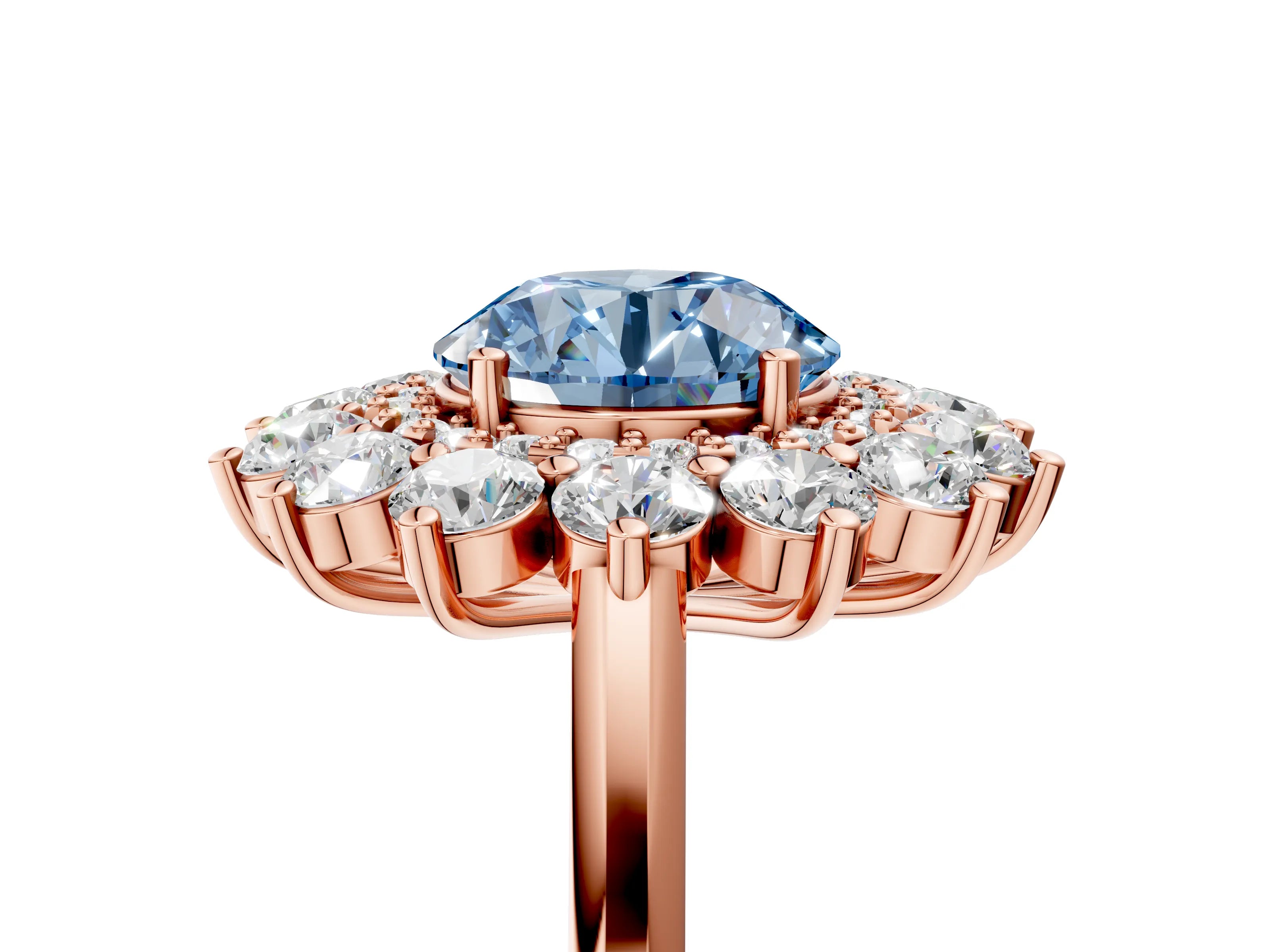 Rose gold Fancy Blue Round Cut Halo Cluster Diamond Ring with Pave Band and Four-Prong Setting_17