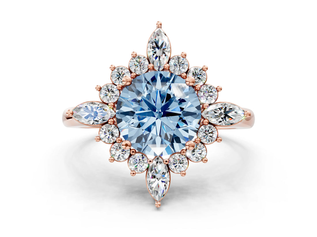 Rose gold Fancy Blue Round Cut Halo Diamond Cluster Ring with Marquise and Round Stones on a White Gold Band with Prong Setting