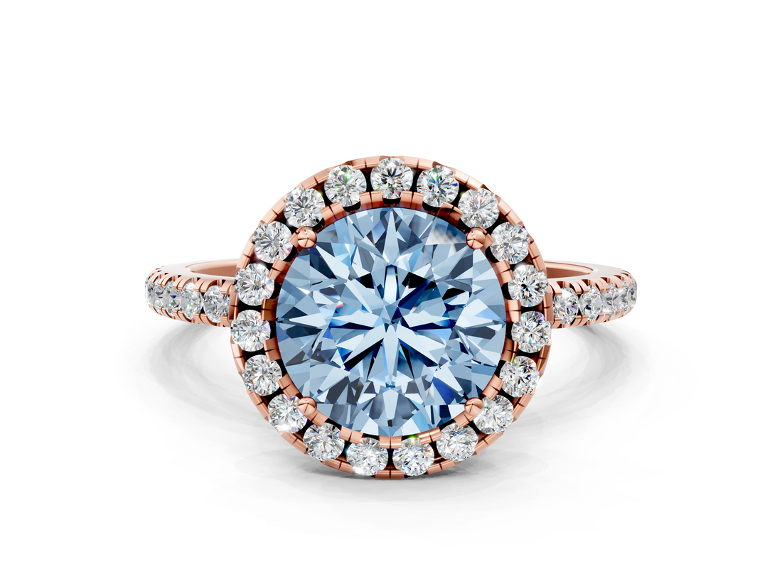 Rose gold Fancy Blue Round  Cut Halo Diamond Engagement Ring with Pave Band and Four-Prong Setting_20