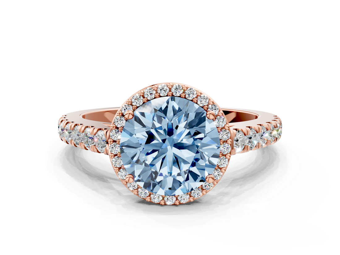 Rose gold Fancy Blue Round  Cut Halo Diamond Engagement Ring with Pave Band and Four-Prong Setting_28