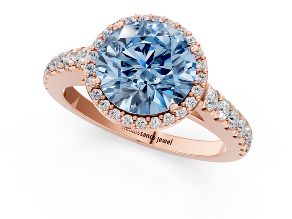 Rose gold Fancy Blue Round  Cut Halo Diamond Engagement Ring with Pave Band and Four-Prong Setting