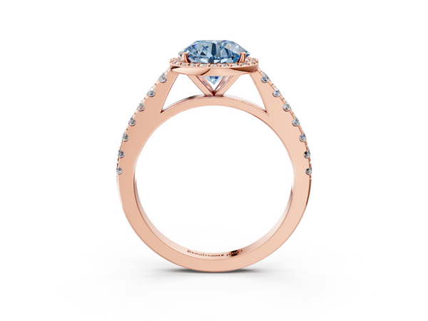 Rose gold Fancy Blue Round  Cut Halo Diamond Engagement Ring with Pave Band and Four-Prong Setting