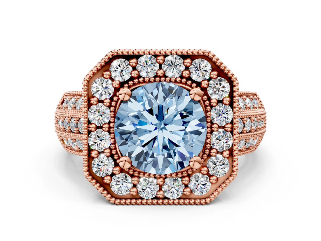 Rose gold Fancy Blue Round Cut Halo Diamond Engagement Ring with Pave Split Shank and Four-Prong Setting_12