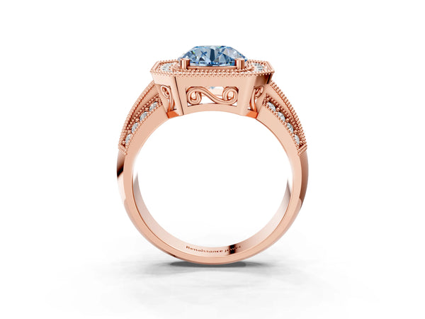 Rose gold Fancy Blue Round Cut Halo Diamond Engagement Ring with Pave Split Shank and Four-Prong Setting