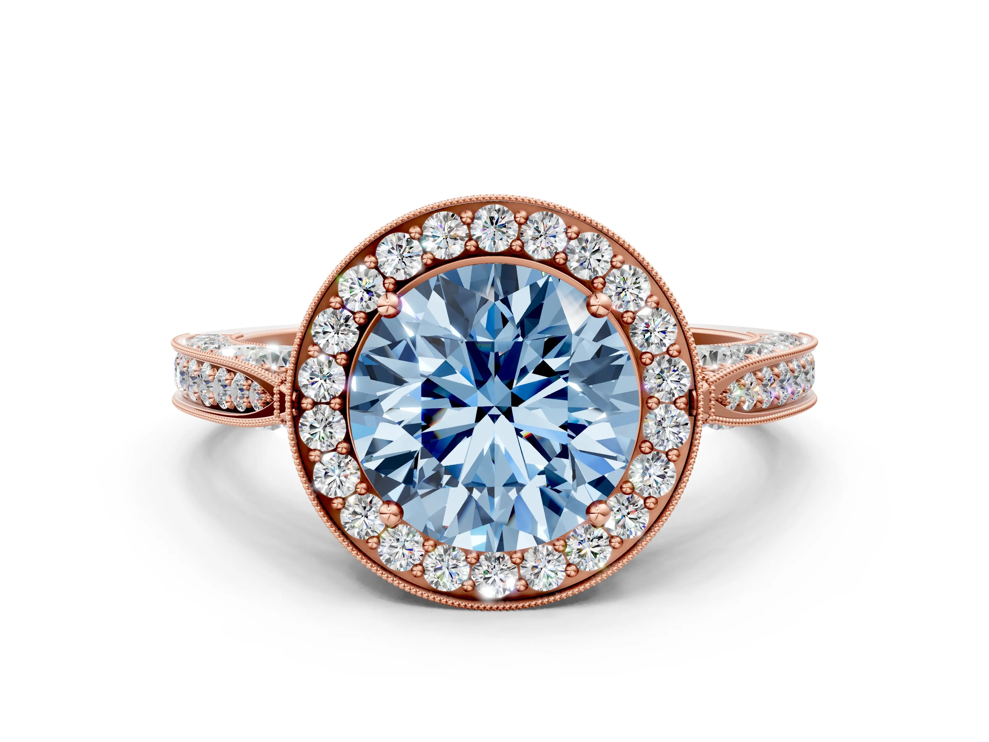 Rose gold Fancy Blue Round Cut Halo Diamond Engagement Ring with Split Shank Band and Four-Prong Setting