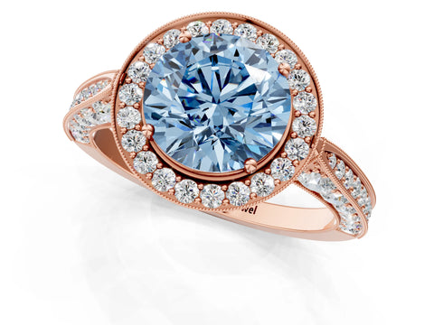 Rose gold Fancy Blue Round Cut Halo Diamond Engagement Ring with Split Shank Band and Four-Prong Setting_1