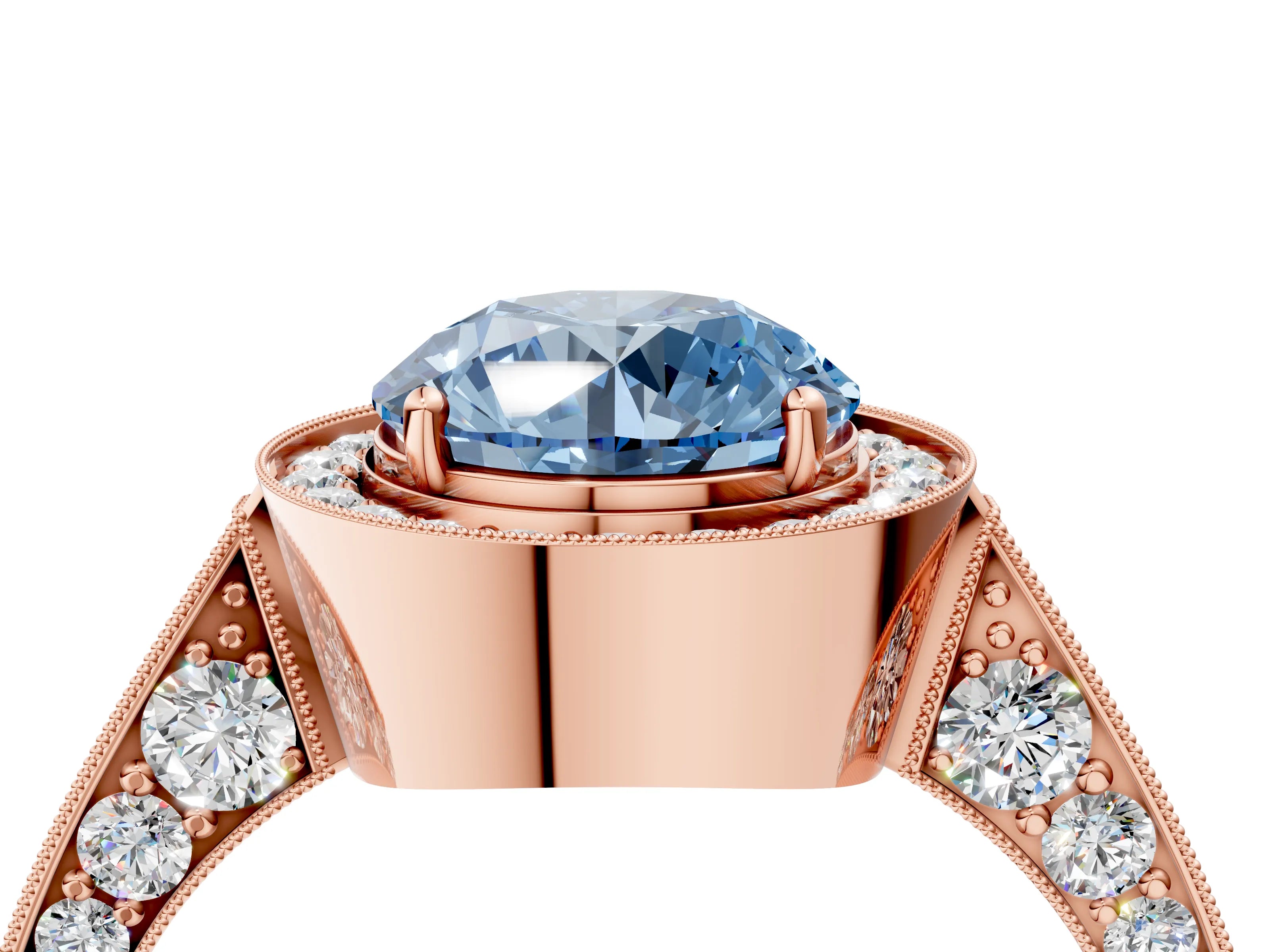Rose gold Fancy Blue Round Cut Halo Diamond Engagement Ring with Split Shank Band and Four-Prong Setting_4
