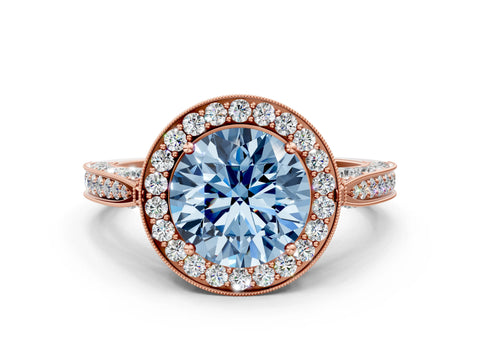 Rose gold Fancy Blue Round Cut Halo Diamond Engagement Ring with Split Shank Band and Four-Prong Setting