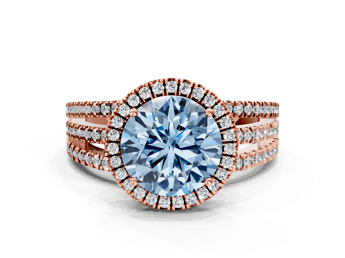 Rose gold Fancy Blue Round  Cut Halo Diamond Engagement Ring with Split Shank and Four-Prong Setting_20