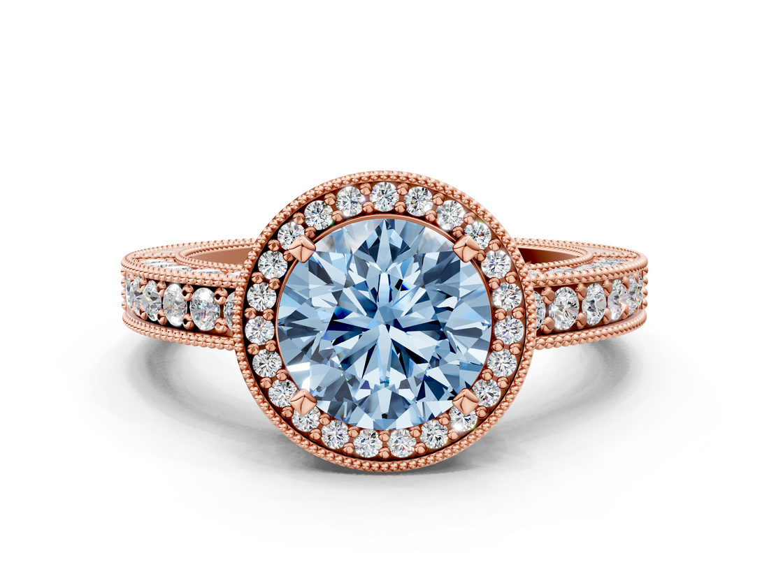 Rose gold Fancy Blue Round  Cut Halo Diamond Pave Band Ring with Four-Prong Setting_45