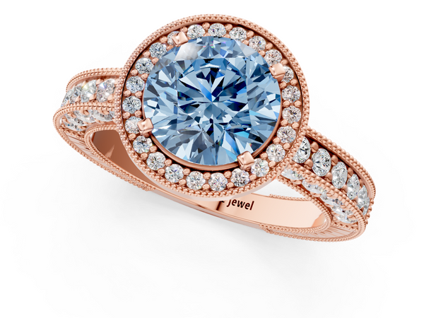 Rose gold Fancy Blue Round  Cut Halo Diamond Pave Band Ring with Four-Prong Setting