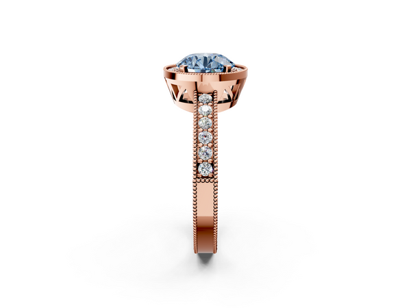 Rose gold Fancy Blue Round  Cut Halo Diamond Pave Band Ring with Four-Prong Setting
