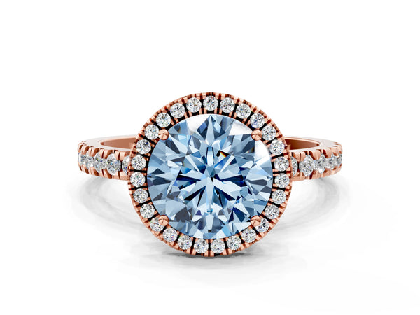 Rose gold Fancy Blue Round Cut Halo Diamond Pave Band with Prong Setting