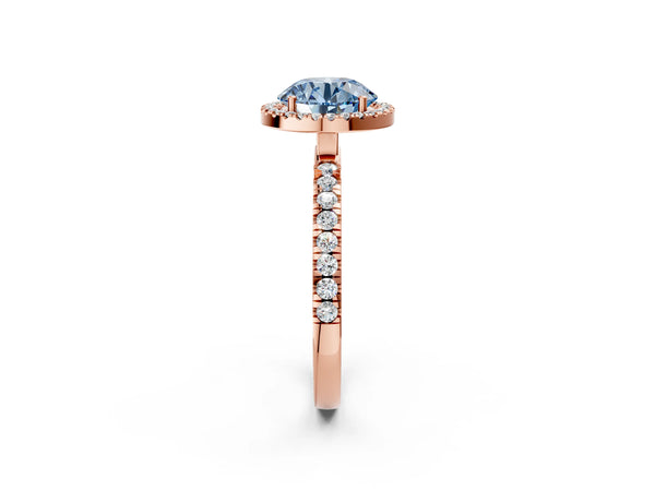 Rose gold Fancy Blue Round Cut Halo Diamond Pave Band with Prong Setting