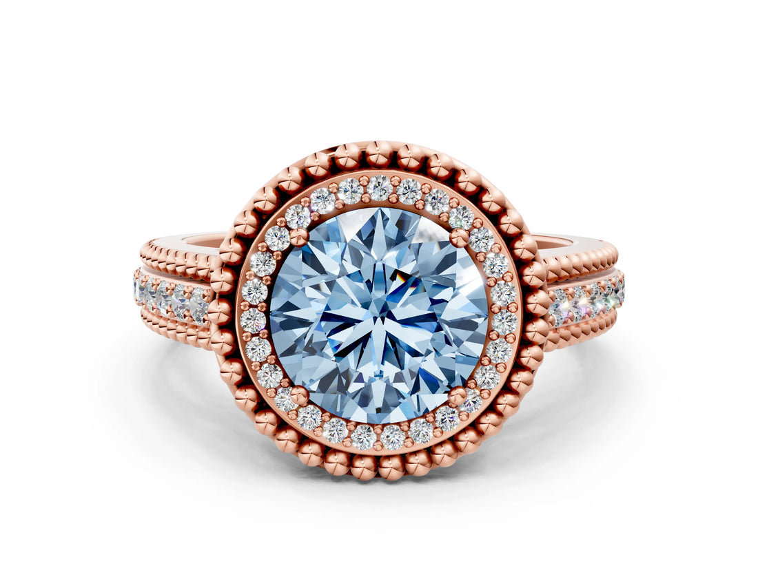 Rose gold Fancy Blue Round Cut Halo Diamond Ring with Beaded Split Shank and Four-Prong Setting