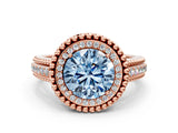 Rose gold Fancy Blue Round Cut Halo Diamond Ring with Beaded Split Shank and Four-Prong Setting