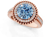 Rose gold Fancy Blue Round Cut Halo Diamond Ring with Beaded Split Shank and Four-Prong Setting_1