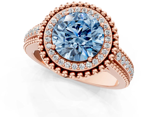 Rose Gold Round Beaded Halo Engagement Ring Setting for Fancy Blue Center with Pave