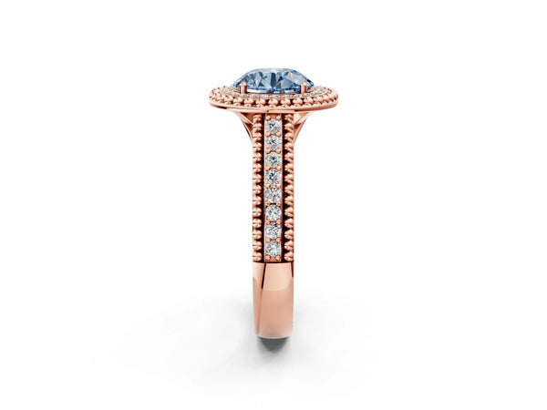 Rose Gold Round Beaded Halo Engagement Ring Setting for Fancy Blue Center with Pave