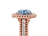 Rose gold Fancy Blue Round Cut Halo Diamond Ring with Beaded Split Shank and Four-Prong Setting_5