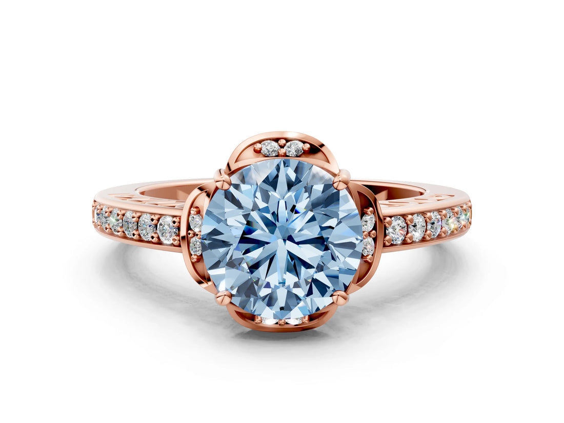 Rose gold Fancy Blue Round  Cut Halo Diamond Ring with Channel Set Band and Four-Prong Setting_32