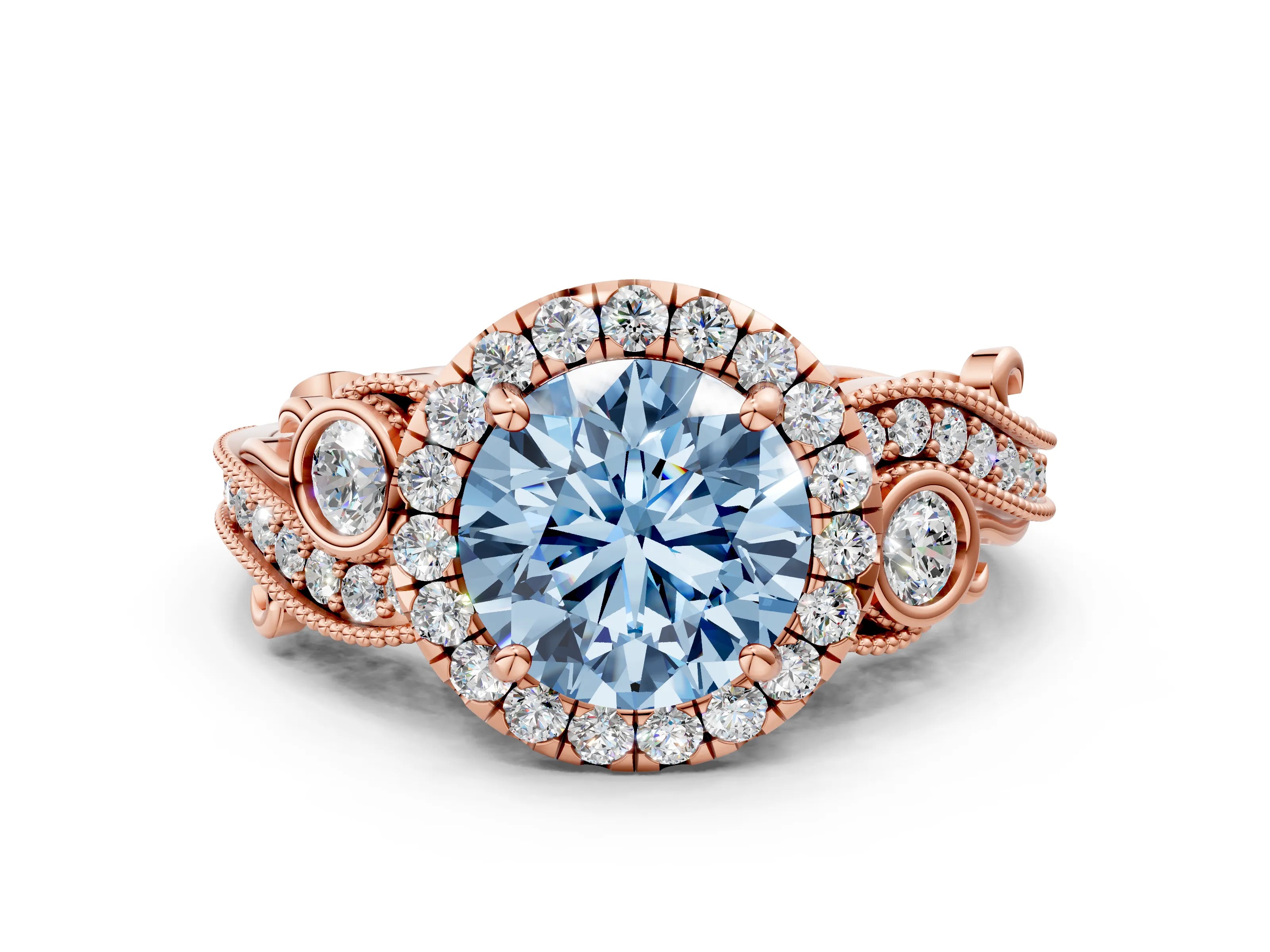 Rose gold Fancy Blue Round Cut Halo Diamond Ring with Milgrain and Bezel Accents on a Split Shank Band