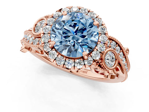 Rose gold Fancy Blue Round Cut Halo Diamond Ring with Milgrain and Bezel Accents on a Split Shank Band_1