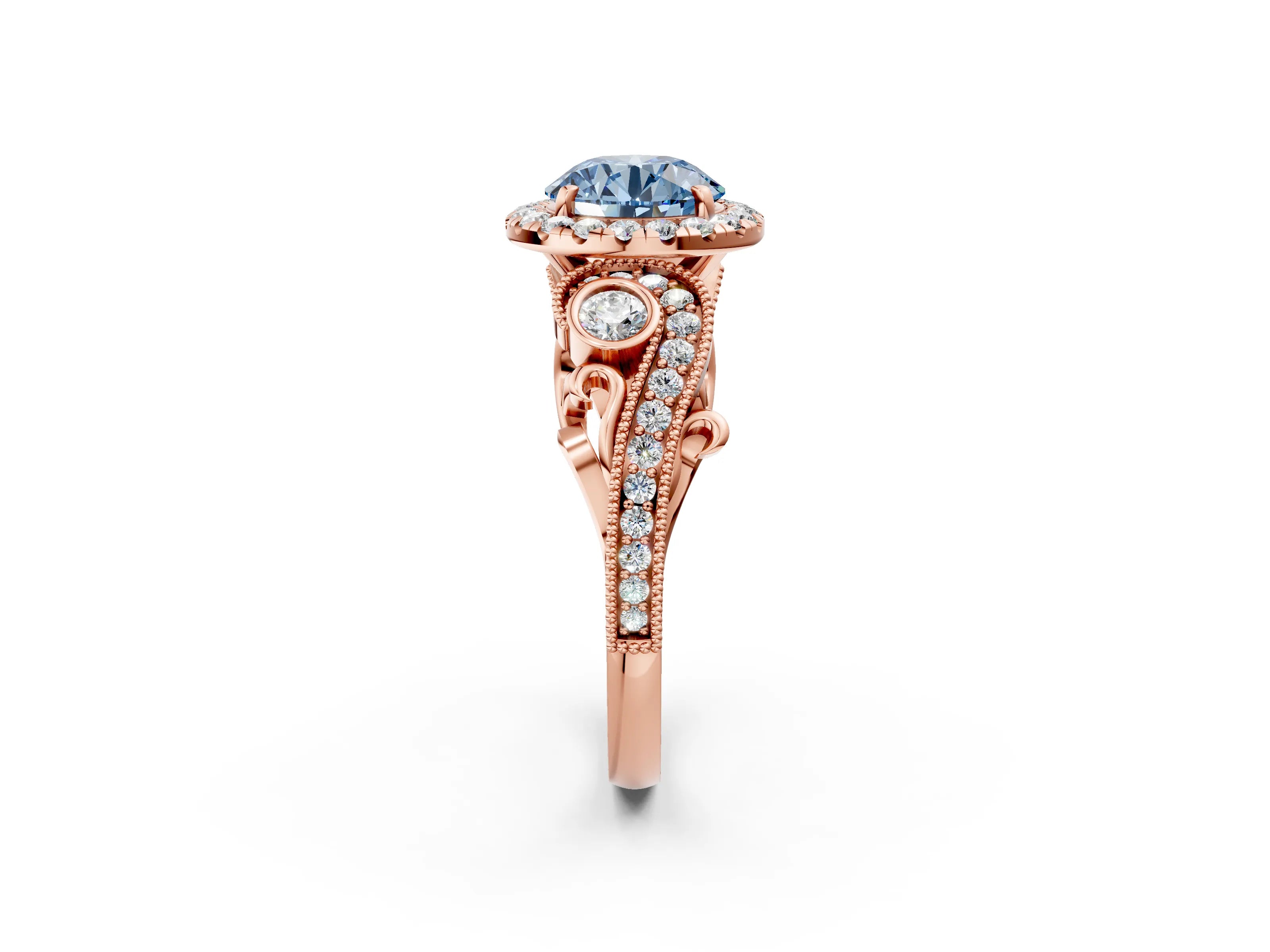 Rose gold Fancy Blue Round Cut Halo Diamond Ring with Milgrain and Bezel Accents on a Split Shank Band_2