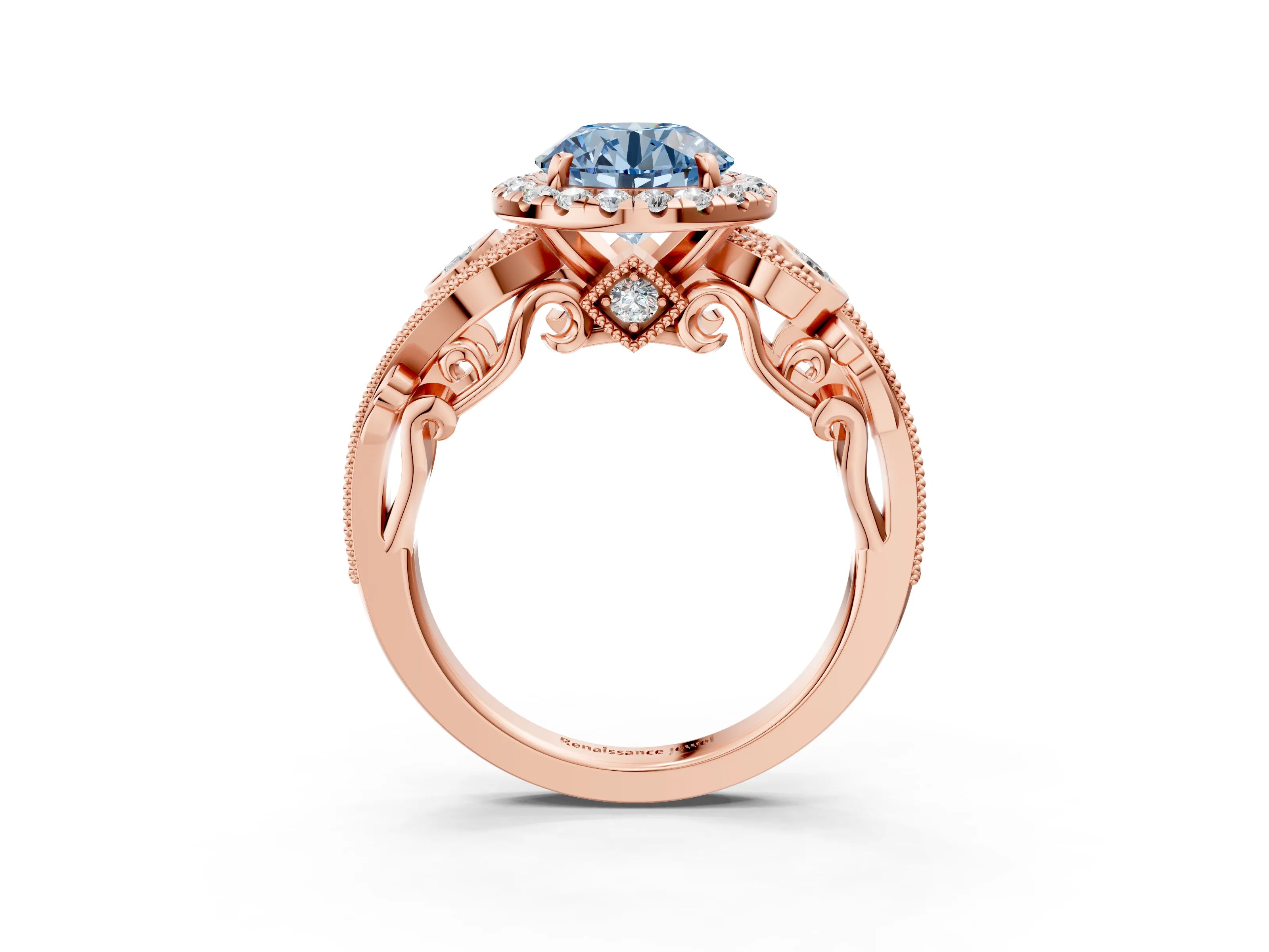 Rose gold Fancy Blue Round Cut Halo Diamond Ring with Milgrain and Bezel Accents on a Split Shank Band_3