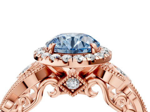 Rose gold Fancy Blue Round Cut Halo Diamond Ring with Milgrain and Bezel Accents on a Split Shank Band_4