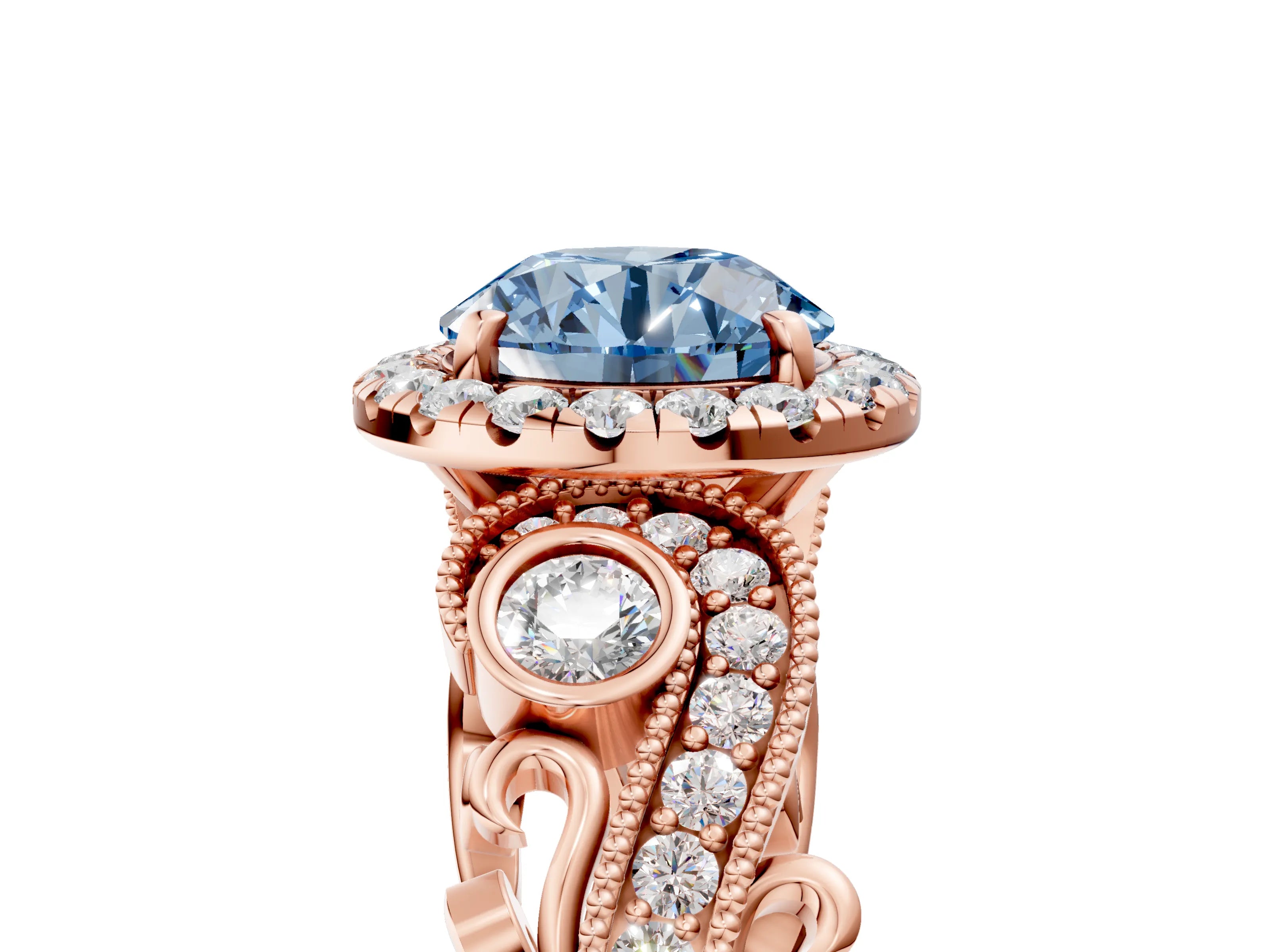 Rose gold Fancy Blue Round Cut Halo Diamond Ring with Milgrain and Bezel Accents on a Split Shank Band_5