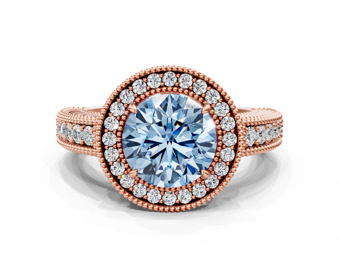 Rose gold Fancy Blue Round  Cut Halo Diamond Ring with Pavé Band and Four-Prong Setting_67
