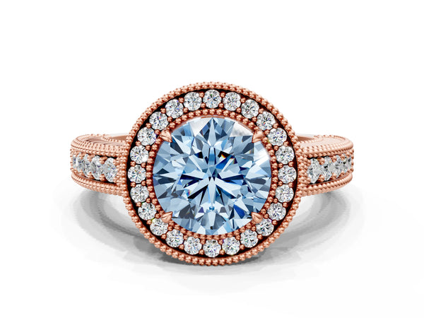 Rose gold Fancy Blue Round  Cut Halo Diamond Ring with Pavé Band and Four-Prong Setting