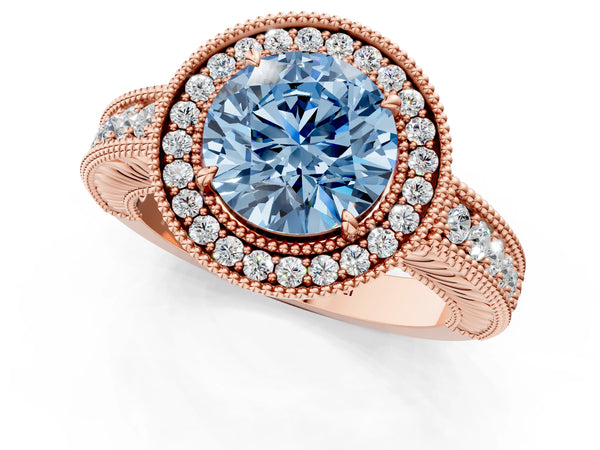 Rose gold Fancy Blue Round  Cut Halo Diamond Ring with Pavé Band and Four-Prong Setting