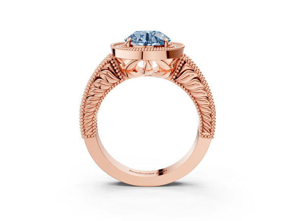 Rose gold Fancy Blue Round  Cut Halo Diamond Ring with Pavé Band and Four-Prong Setting