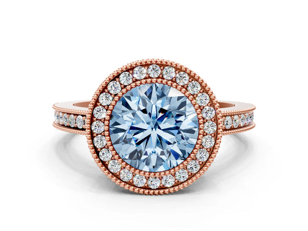 Rose gold Fancy Blue Round  Cut Halo Diamond Ring with Pavé Band and Milgrain Prong Setting