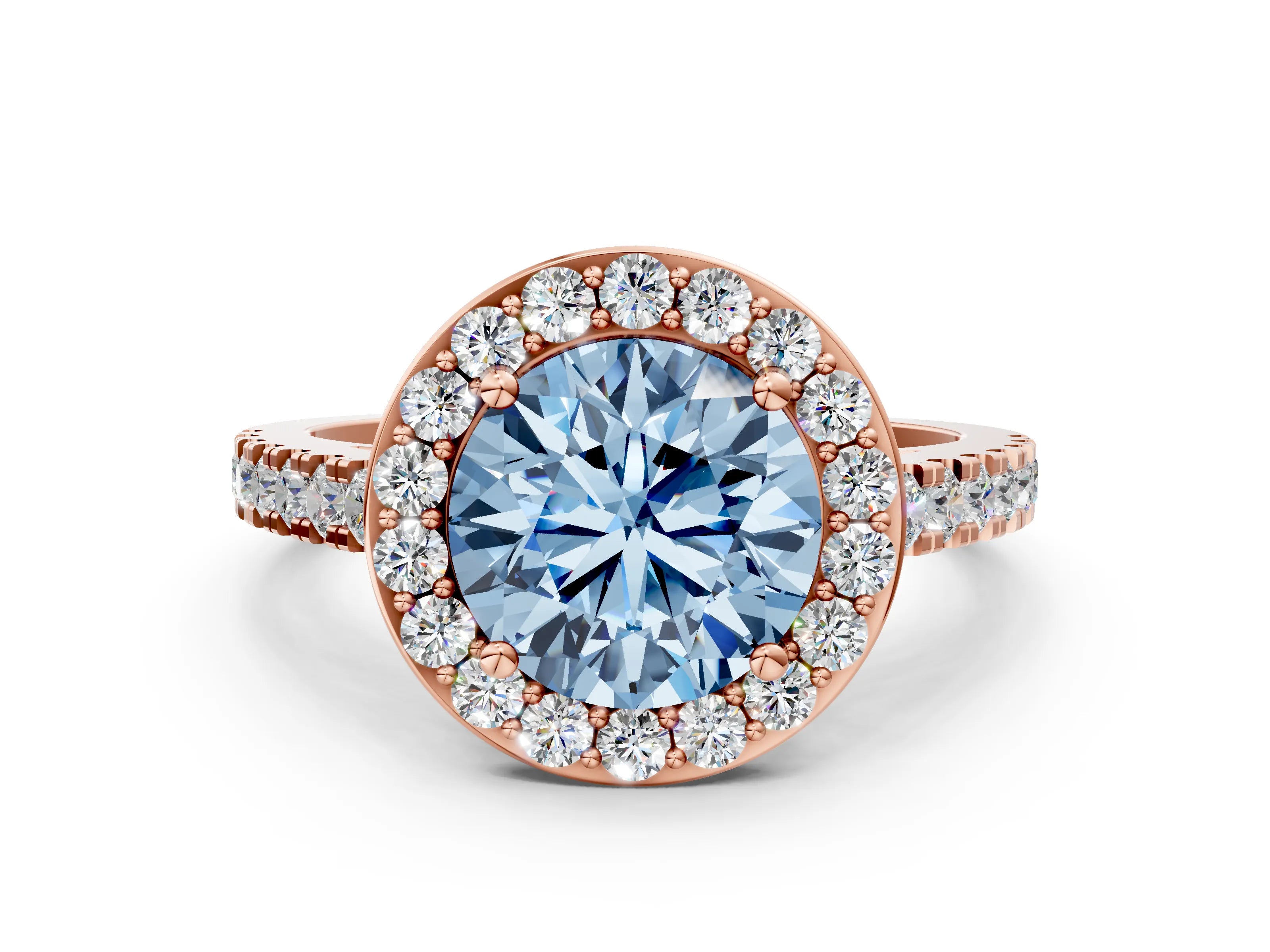 Rose gold Fancy Blue Round Cut Halo Diamond Ring with Pavé Band and Three-Prong Setting