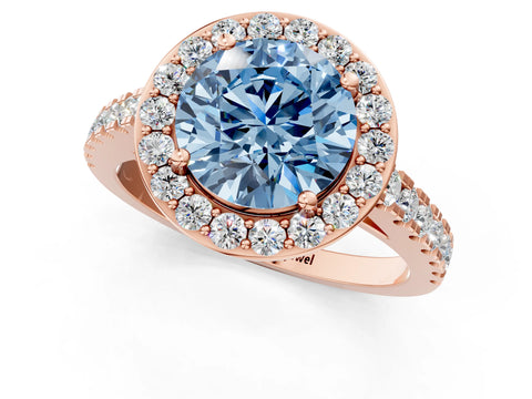Rose gold Fancy Blue Round Cut Halo Diamond Ring with Pavé Band and Three-Prong Setting_1