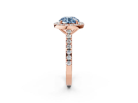 Rose gold Fancy Blue Round Cut Halo Diamond Ring with Pavé Band and Three-Prong Setting_2