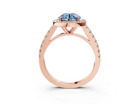 Rose gold Fancy Blue Round Cut Halo Diamond Ring with Pavé Band and Three-Prong Setting_3