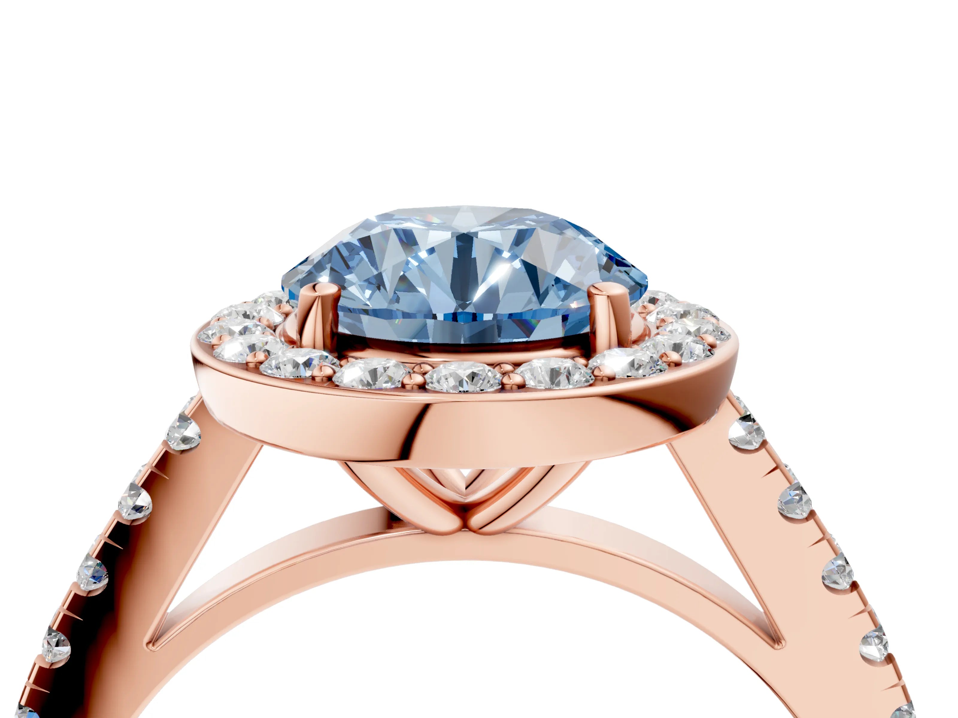 Rose gold Fancy Blue Round Cut Halo Diamond Ring with Pavé Band and Three-Prong Setting_4