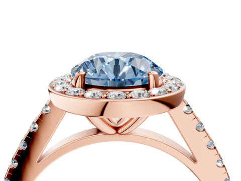 Rose gold Fancy Blue Round Cut Halo Diamond Ring with Pavé Band and Three-Prong Setting_4