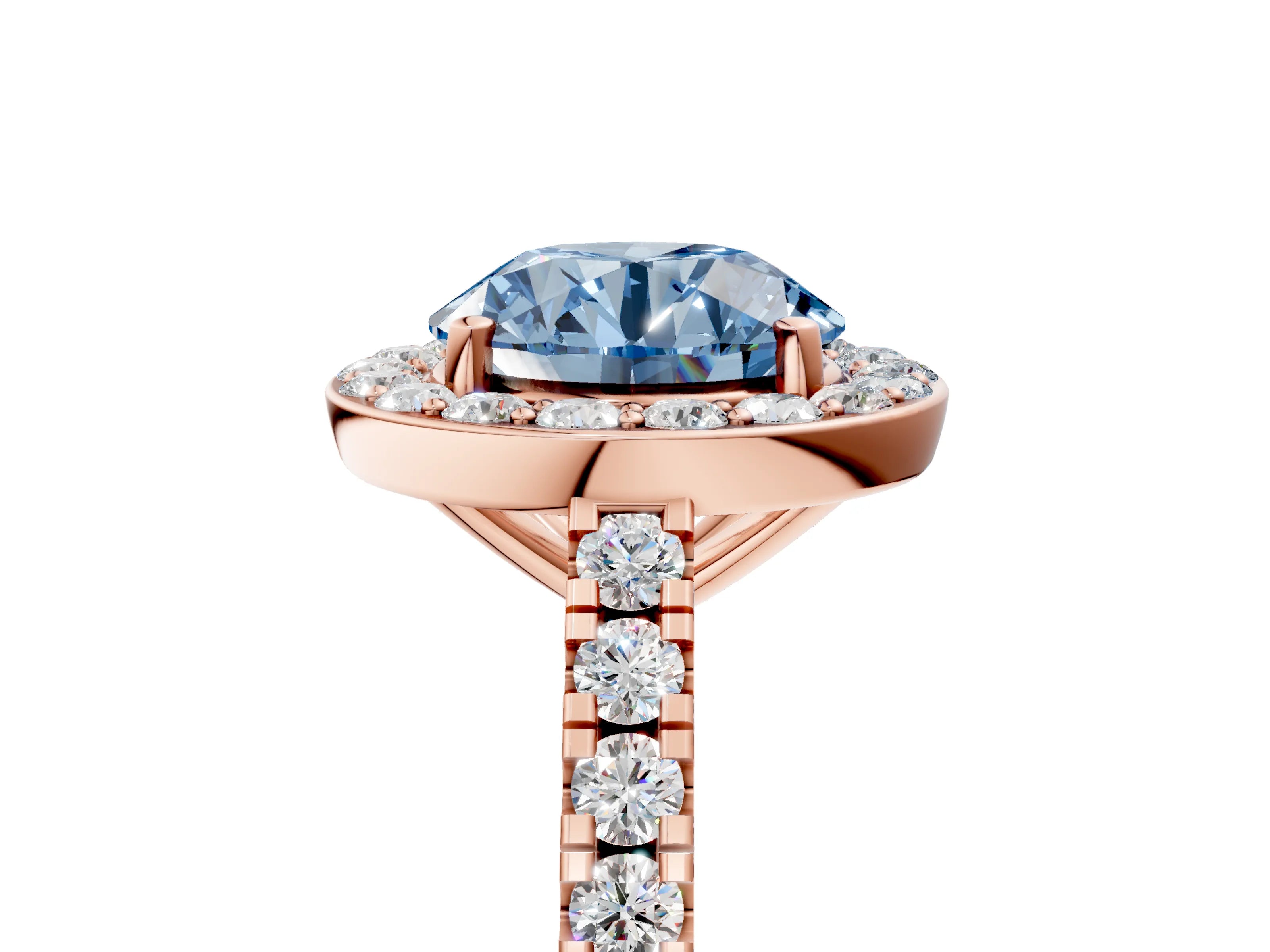 Rose gold Fancy Blue Round Cut Halo Diamond Ring with Pavé Band and Three-Prong Setting_5