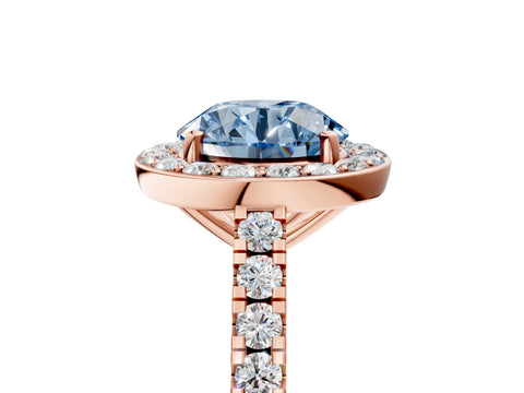 Rose gold Fancy Blue Round Cut Halo Diamond Ring with Pavé Band and Three-Prong Setting_5