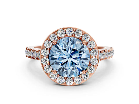 Rose gold Fancy Blue Round Cut Halo Diamond Ring with Pavé Band and Three-Prong Setting