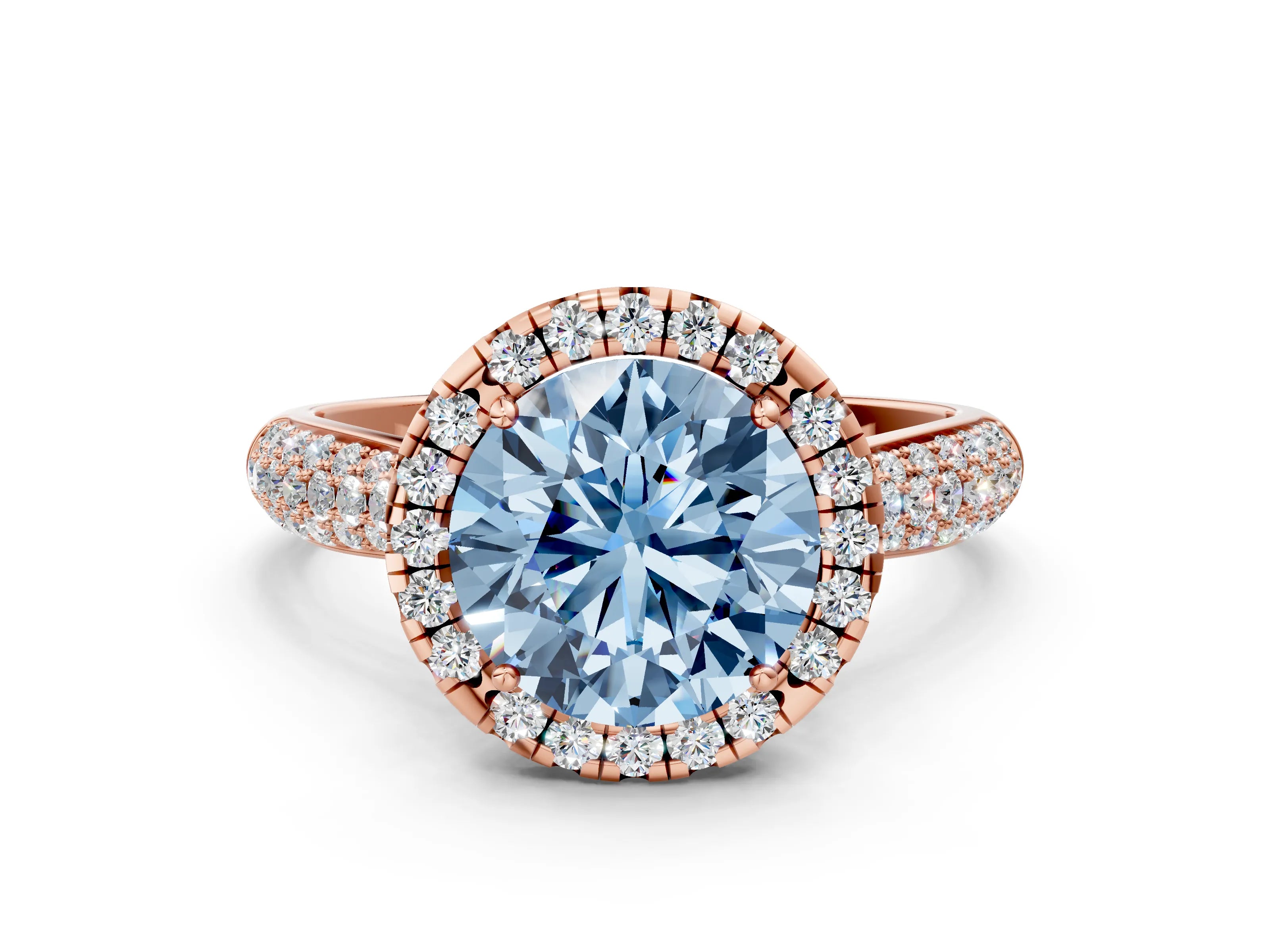 Rose gold Fancy Blue Round Cut Halo Diamond Ring with Pavé Band