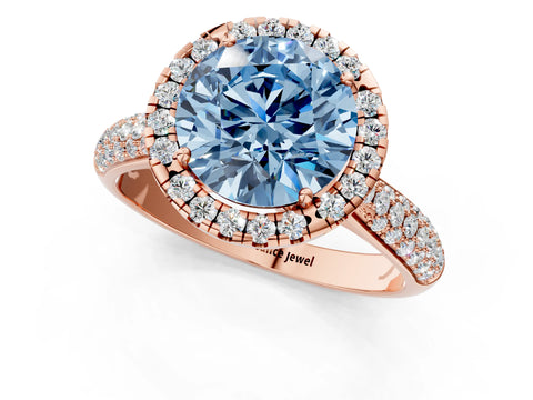 Rose gold Fancy Blue Round Cut Halo Diamond Ring with Pavé Band_1