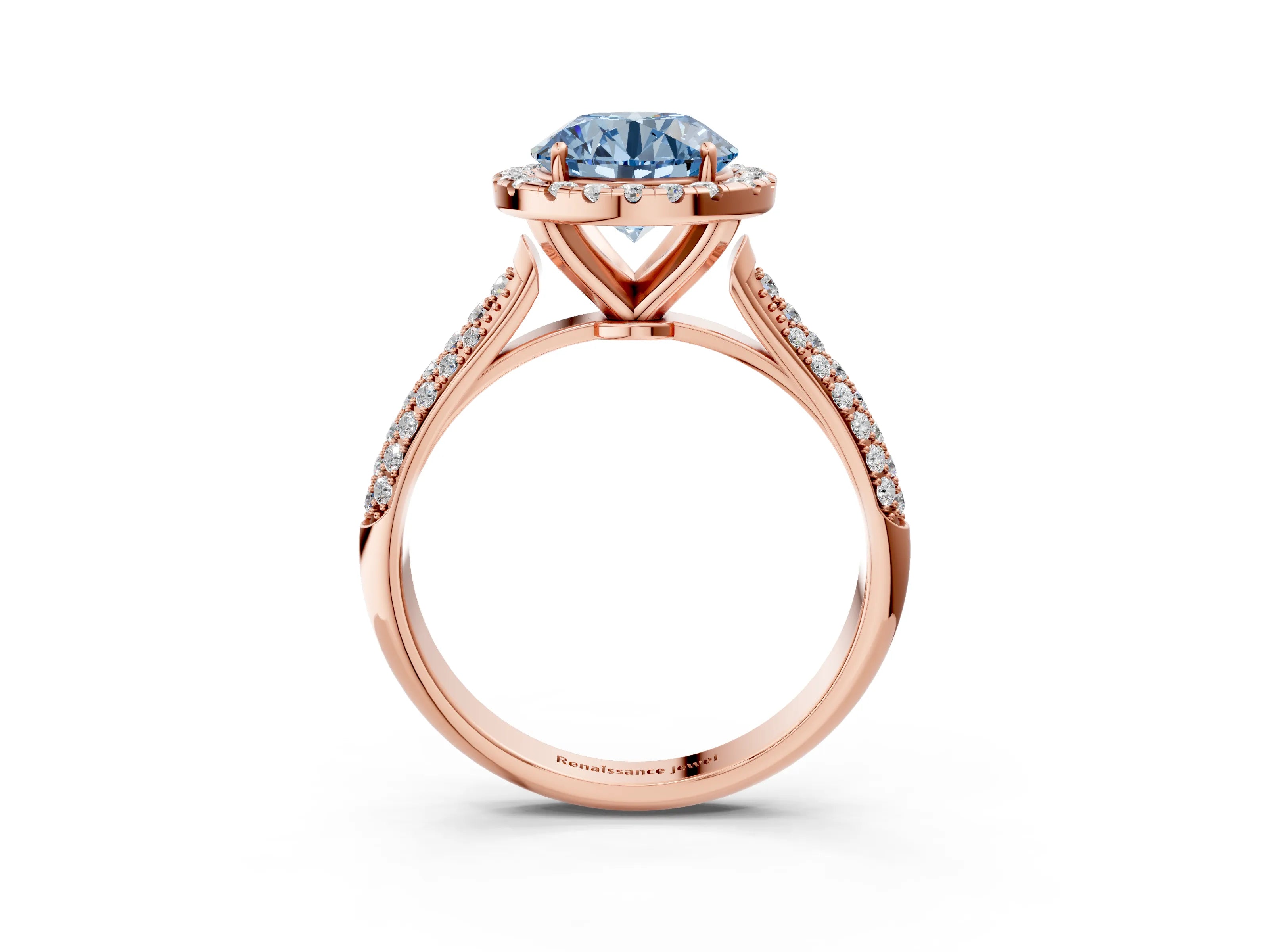 Rose gold Fancy Blue Round Cut Halo Diamond Ring with Pavé Band_3